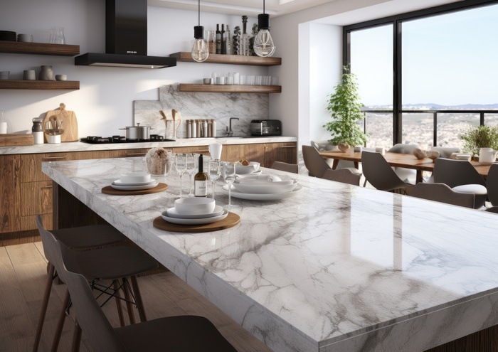 Kitchen with white marble countertops in ultra-realistic Scandinavian style, luxury